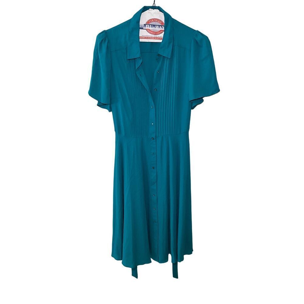Nanette Lepore Shirt Dress Women 12 Teal Belted Short Sleeve Collared Polyester